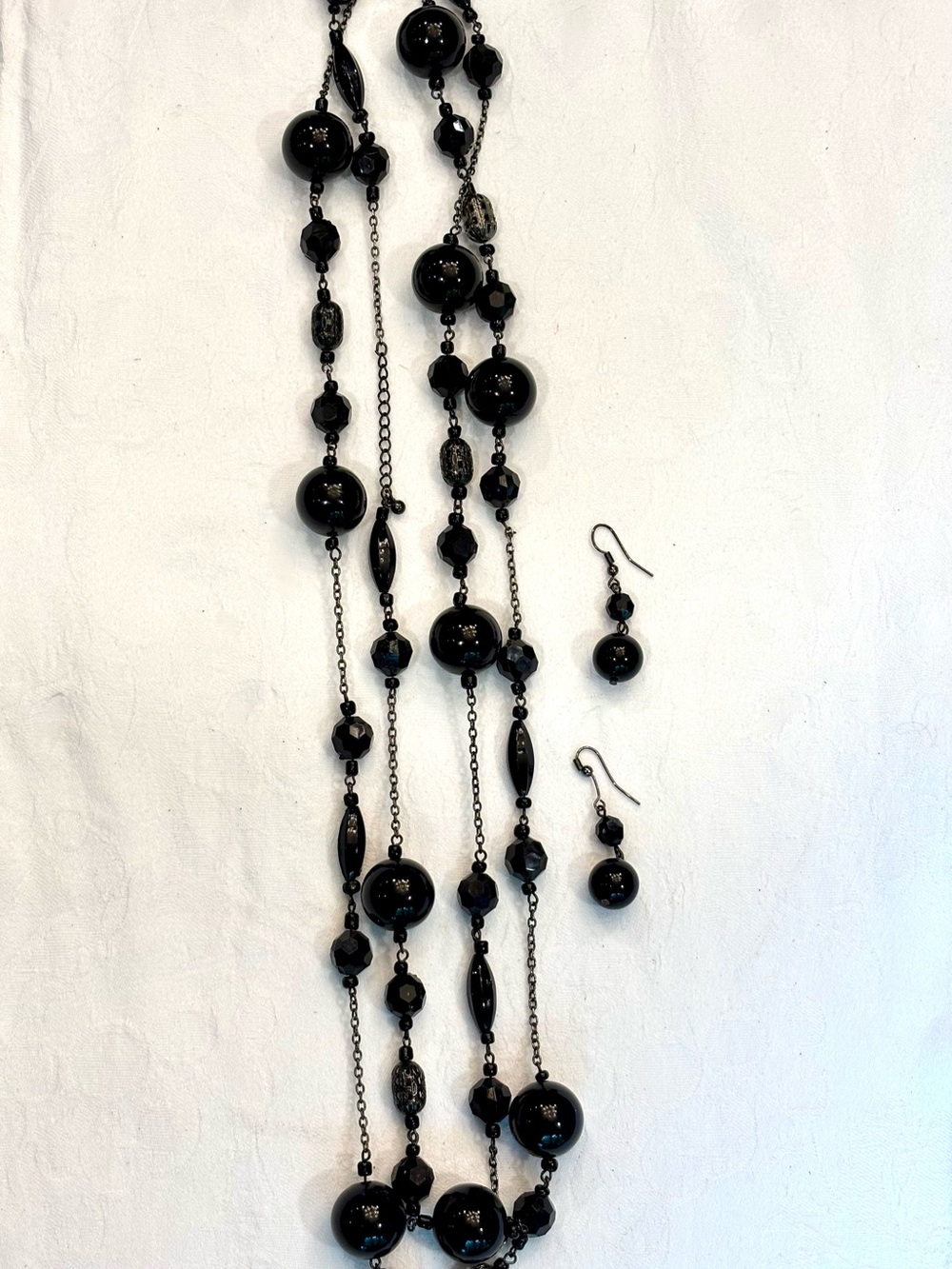 Black Beaded Multi-Strand Necklace & Drop Earrings Set